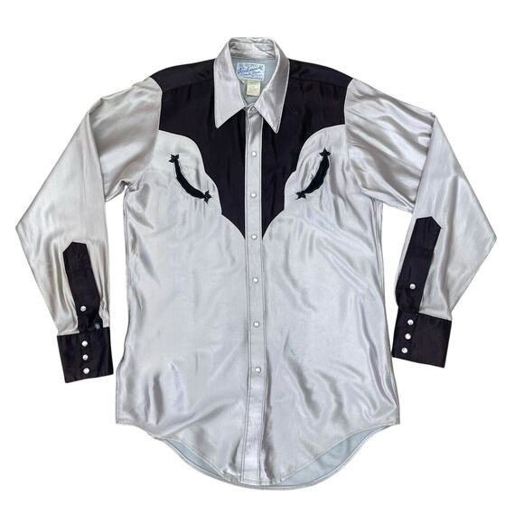 VTG Rockmount Silver & Black Satin Western Cowboy Shirt Pearl Snap Buttons S/M - Picture 1 of 8